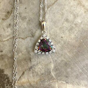 Sterling Silver 925 Trillion Cut Mystic Quartz Pendant Necklace 18" Rope Chain